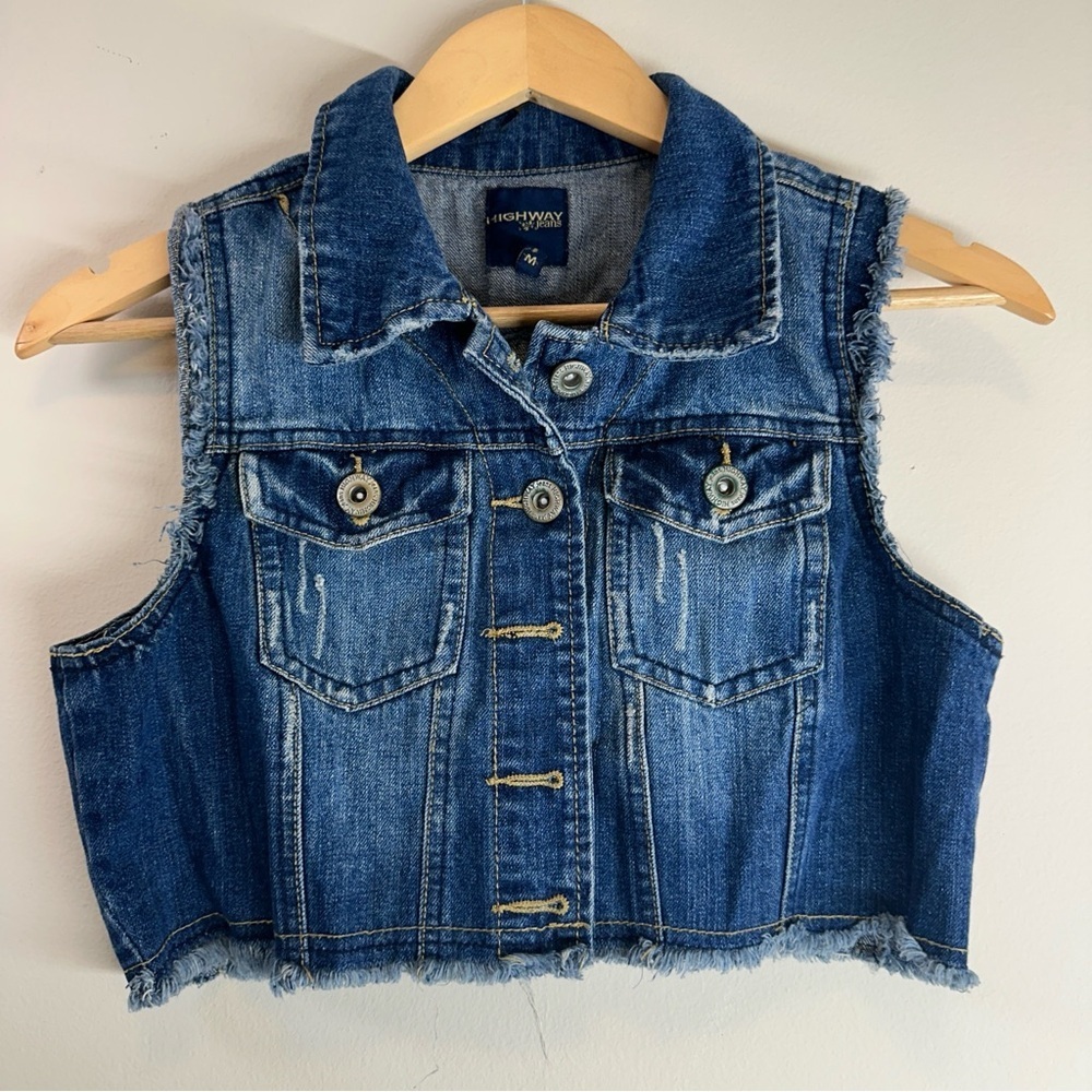 Highway Jeans Cropped Denim Vest Medium Distressed Frayed Raw Hem Sleeveless